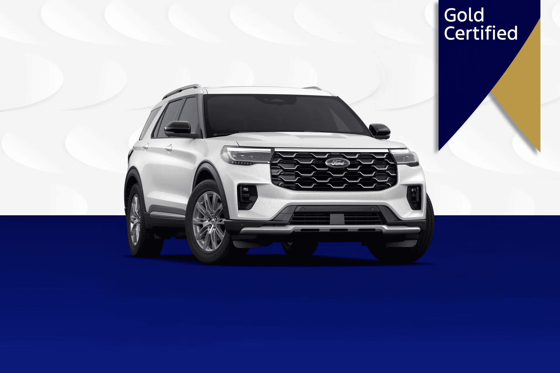 White 2023 Ford Explorer SUV with black grille and tinted windows.